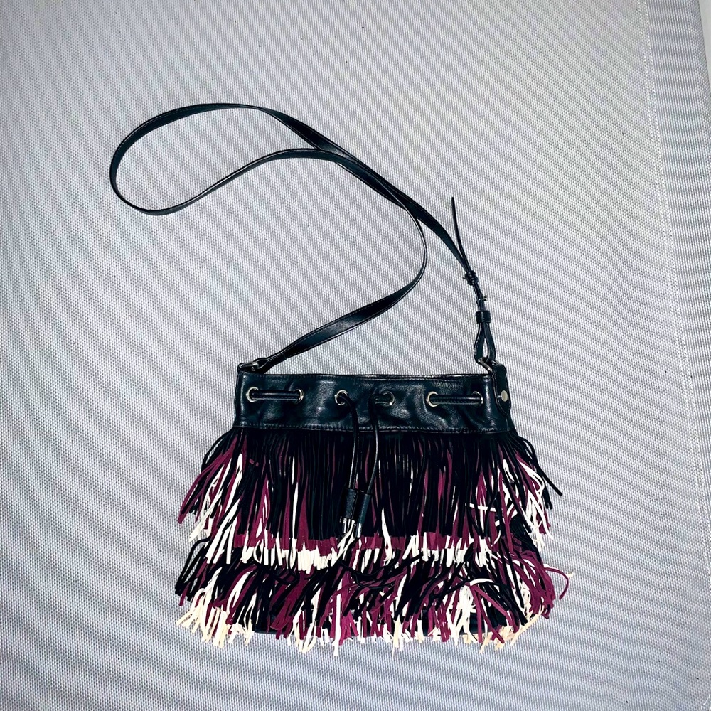 SAM EDELMAN LEATHER SUEDE FRINGE BUCKET PURSE